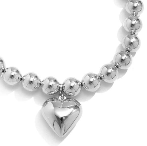 80s Retro Silver Bead Puff Heart Charm Choker Beaded Necklace Big Chunky Beads - Picture 3 of 8